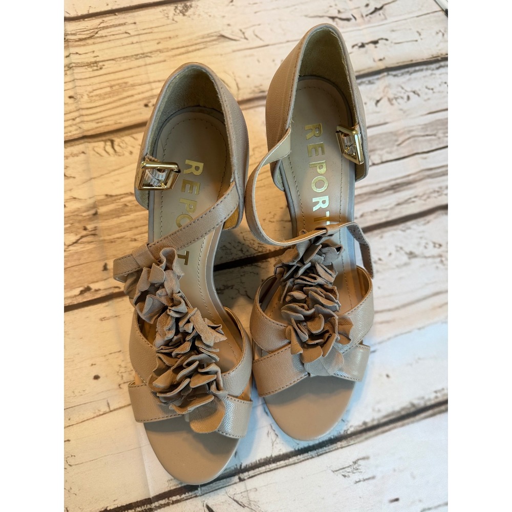 Report Footwear Murdock Natural Tan Ruffle Wedge Sandals Womens 8.5 Floral Heel